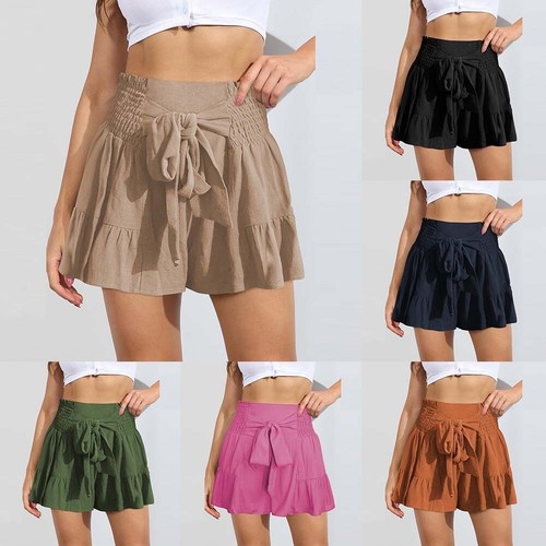 Feminine High Waisted Women's Ruffle Shorts with Wide Leg and Button