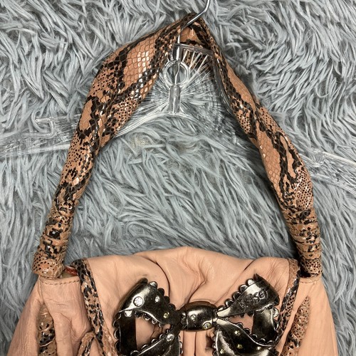 VTG Betsey Johnson Handbag Pink Snakeskin Bow Leather Rhinestone 90's Grunge - Picture 2 of 15