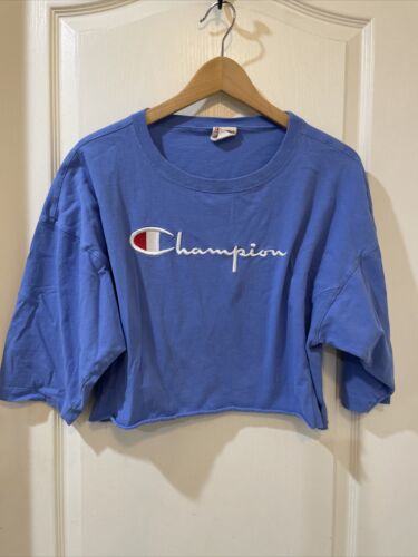 Champion Vintage Crop Cotton Logo Blue Shirt Size 