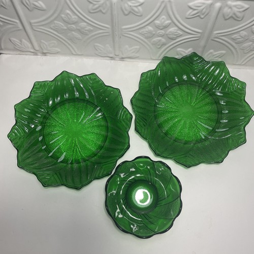 VTG Anchor Hocking Forest Green Glass Lotus Leaf Blossom 2 Plates, 1 Bowl - Bild 7 von 15