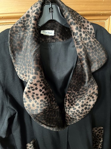 Vintage L Black “Design Today’s” Long Large Coat Faux Leopard Trimmed Lined USA - Picture 2 of 8