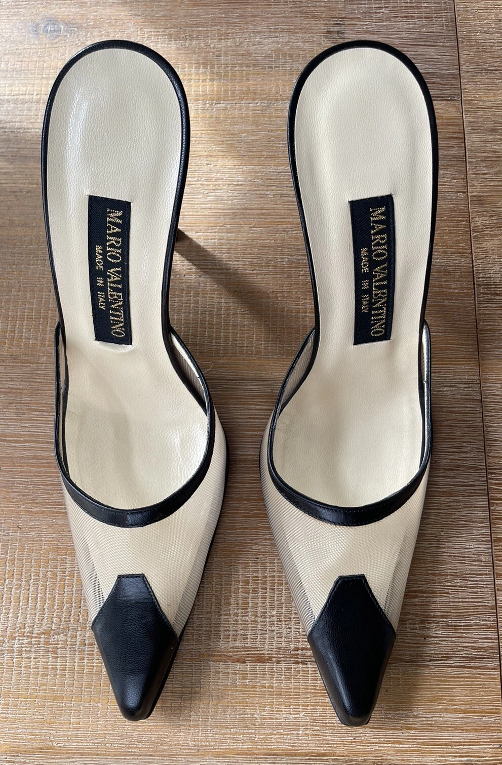 Valentino — Mario Valentino Pointed Toe Mule Heels Y2k Ivory Black Size 7 Made in Italy