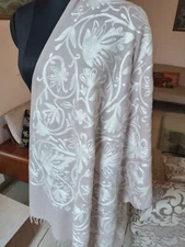 BEIGE CREWEL EMBROIDERY DECENT SOPHISTICATED SHAWL~PURE CASHMERE PASHMINA