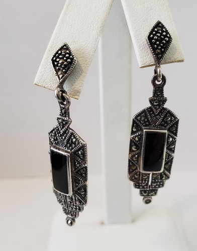 Vintage Art Deco Stil Sterling und Markasiten Onyx Ohrhänger - Bild 3 von 9
