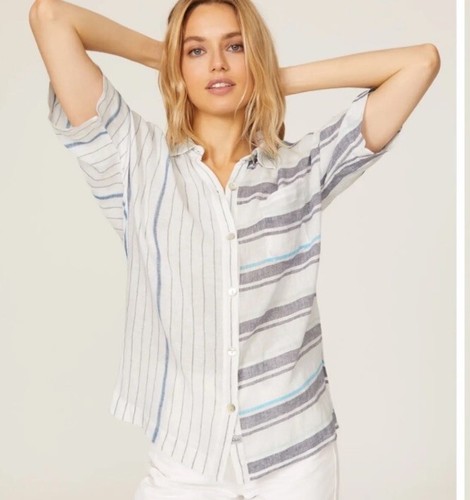 Rails Finley Shirt Mixed Agean Blue Stripe Linen Blend Women’s SIZE SMALL - Picture 2 of 13