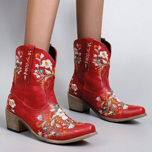 Damen Cowboystiefel Stickerei Cowgirl Western niedriger Block halbhoher Ritterstiefel - Bild 3 von 25