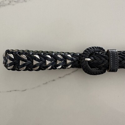Vintage Western Style Braided Leather Silver Belt Navy Blue 