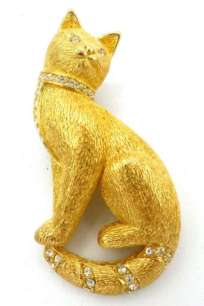 Signed CHRISTIAN DIOR Goldplated Crystal Rhinestone Kitty Cat