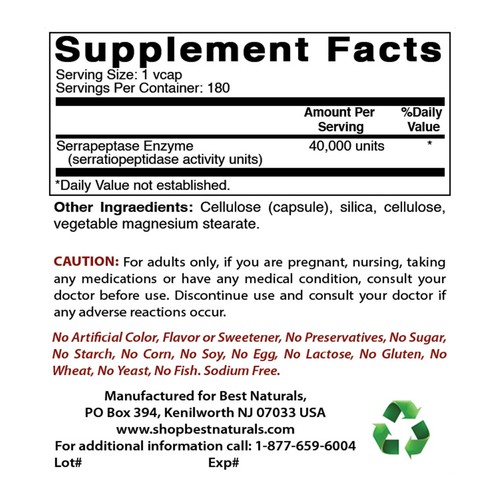 2er Pack Best Naturals Serrapeptase 40000 SPU 180 Kapseln - Bild 2 von 7