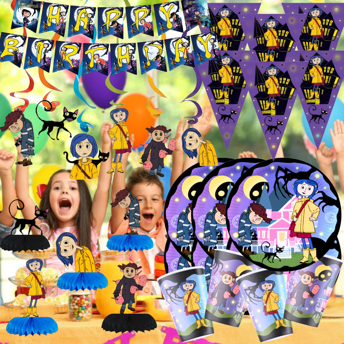 Coraline Birthday Decorations Pack - 18 Balloons, 1 Banner, 13 Cakes, Blue, Black - Letter Print, Plain, Cartoon