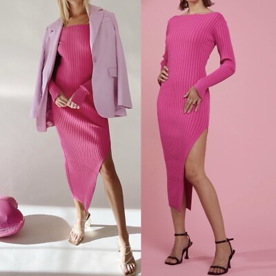 New ASTR Ribbed Knit Off Shoulder Long Sleeve Slit Midi
