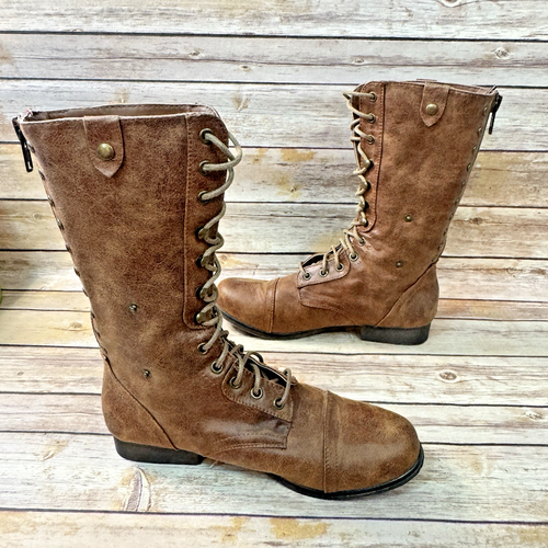 Madden Girl Studded Brown Faux Leather Cap Toe Combat Boots 9 Biker - Picture 12 of 15