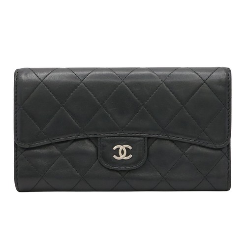 CHANEL Classic Long Flap Wallet Black Quilted Lambskin Leather CC Logo Bifold