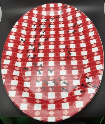 Vtg Pier 1  Ants At A Picnic  16x11 Porcelain Serving Platter Red White Gingham