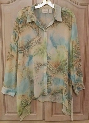Chico's Lime/Aqua Paisley L/S Liteweight Tunic Blouse Size 3XL-16/18