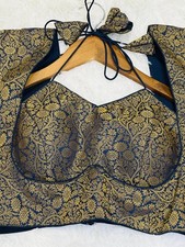 Navy Brocade readymade Blouse | Size 36 Padded Bow Tie Back