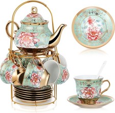 Large Version(Fresh Style), 20 Pcs Porcelain Tea Set with Metal Holder and 