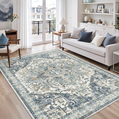 zesthome 5x7 Washable Rug-Stain Resistant 5' x 7' (Rectangular), Blue/Ivory 