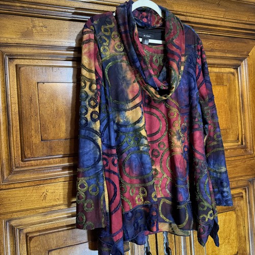 Ali Miles Tunic Womens XL Burnout Velvet Removeable Cowl Neck Boho Artsy Shirt - Picture 3 of 15
