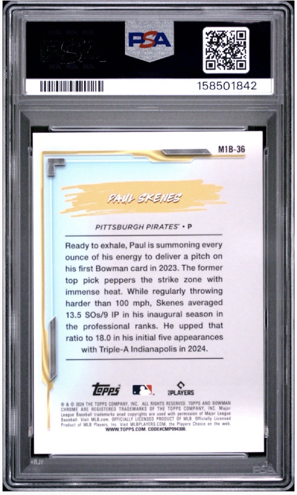 2024 My 1st Bowman Chrome Paul Skenes Blue Refractor /150 Rookie Gem PSA 9 Mint view 2