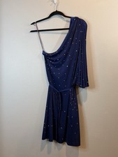 Halston Heritage One Shoulder Gold Studded Jersey Dress Royal Blue 8 Tie Waist
