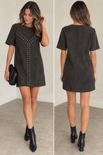 Zara Black Faux Suede Studded Shift Mini Dress Short Sleeve Size Small