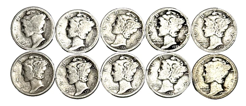 SILVER MERCURY DIMES - 10 Cent Coins VARIOUS DATES, MINTS & QUALITIES Lot of 10