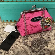 ED HARDY Debossed Pink Coin Bag Faux Leather w/kiss-lock closure Crossbody Chain
