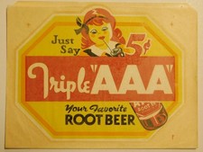 Triple AAA Root Beer Water Transfer Window Decal 1950s-60s 7X9 Inches Book6-S1