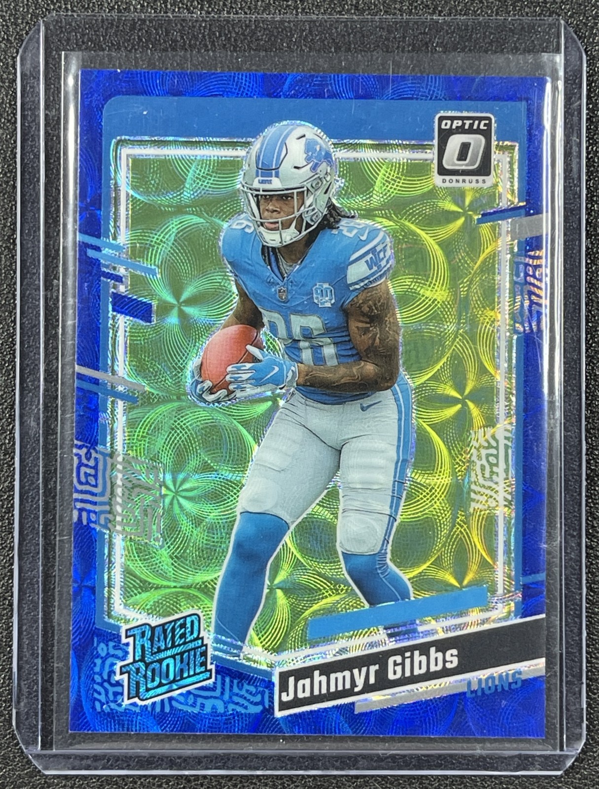 JAHMYR GIBBS 2023 PANINI DONRUSS OPTIC #236 BLUE SCOPE PRIZM RC RATED ROOKIE