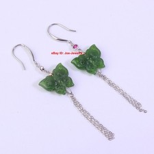 Natural Green Jade Butterfly Solid 925 Sterling Silver Dangle Earrings 2.75inch