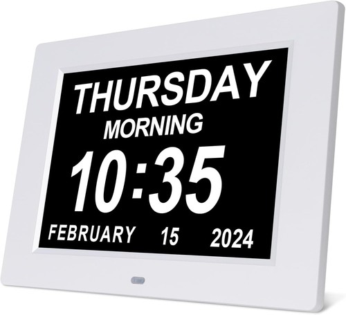 Large Digital Calendar Alarm Clock for Seniors - Auto-Dimming, Multilingual, 8" - Picture 3 of 9