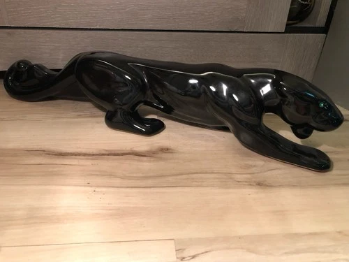 MCM Vintage Royal Haeger 1950's Crouching Black Panther Green Glass Eyes