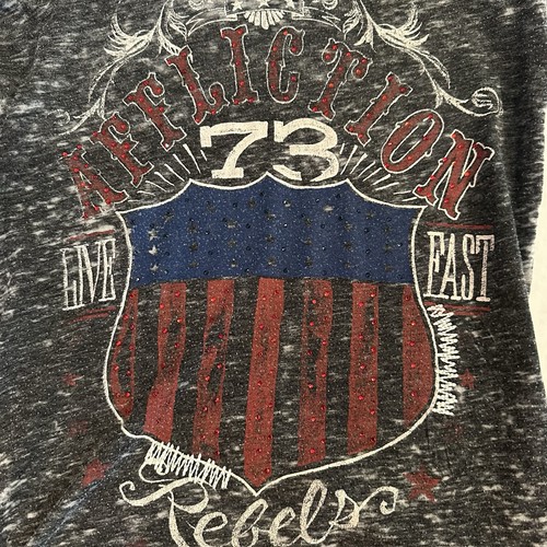 Affliction Women’s Medium T-Shirt Rebels 73 Live Fast Black Acid Wash Bling Y2K - Picture 2 of 14