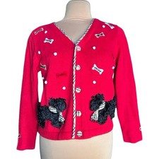 Vintage 90s Red Dog Knit Cardigan Button Front Scottie Appliqu Plaid Trim Small
