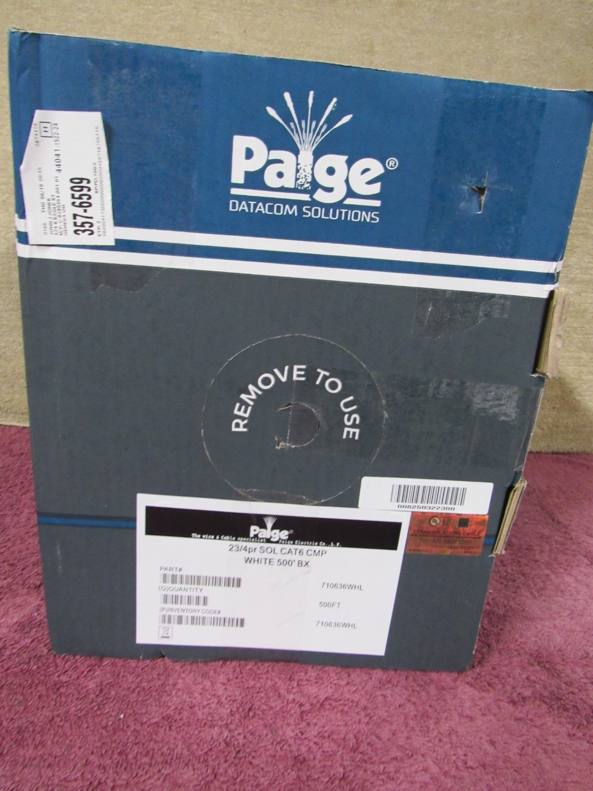 Paige 710636WHL Cat6 CMP Plenum Data Cable 23AWG Solid Copper 4 Pair White 500'