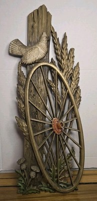 Vtg 1970s Burwood Products 3D Wall Plaque Wagon Wheel Quail Thistle Farm 22''