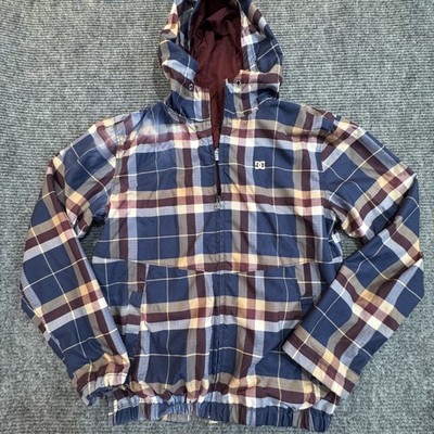 DC Shoes Plaid Hooded Windbreaker Jacket Small Blue Tan Skater Zip Up