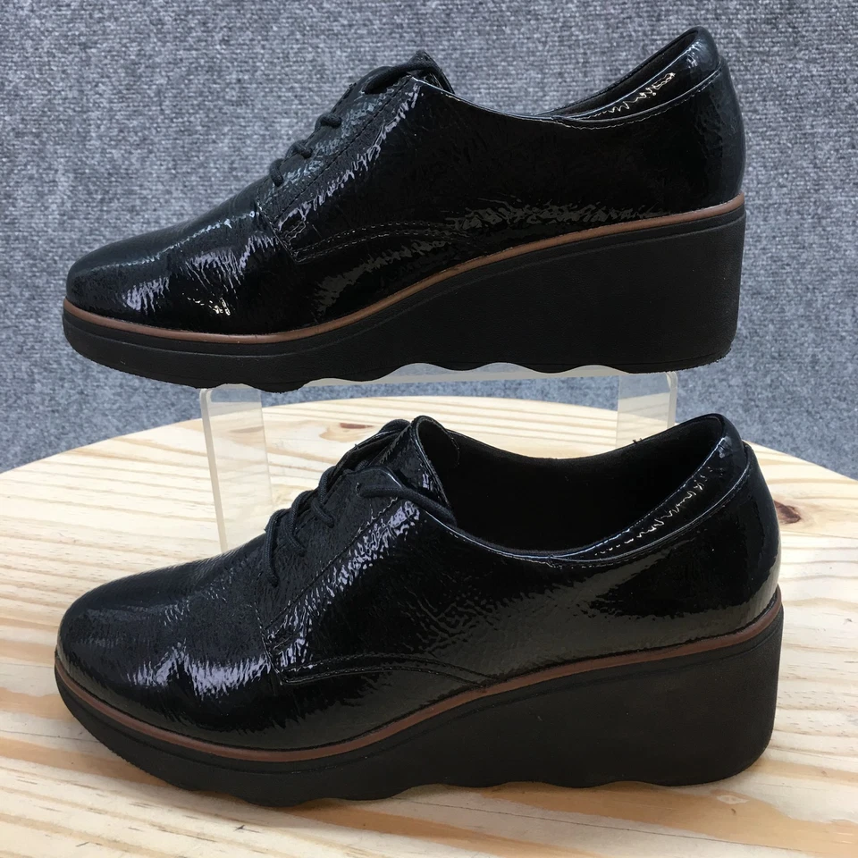 Clarks Shoes Womens 8 M Mazy Hyannis Wedge Oxford 26154849 Black Patent Leather - Image 2 of 4
