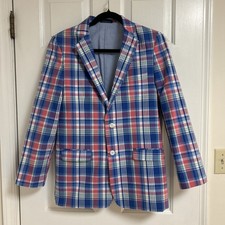IZOD Boys Plaid Blazer Jacket Size 18 Reg Blue Pink Summer Sport Coat