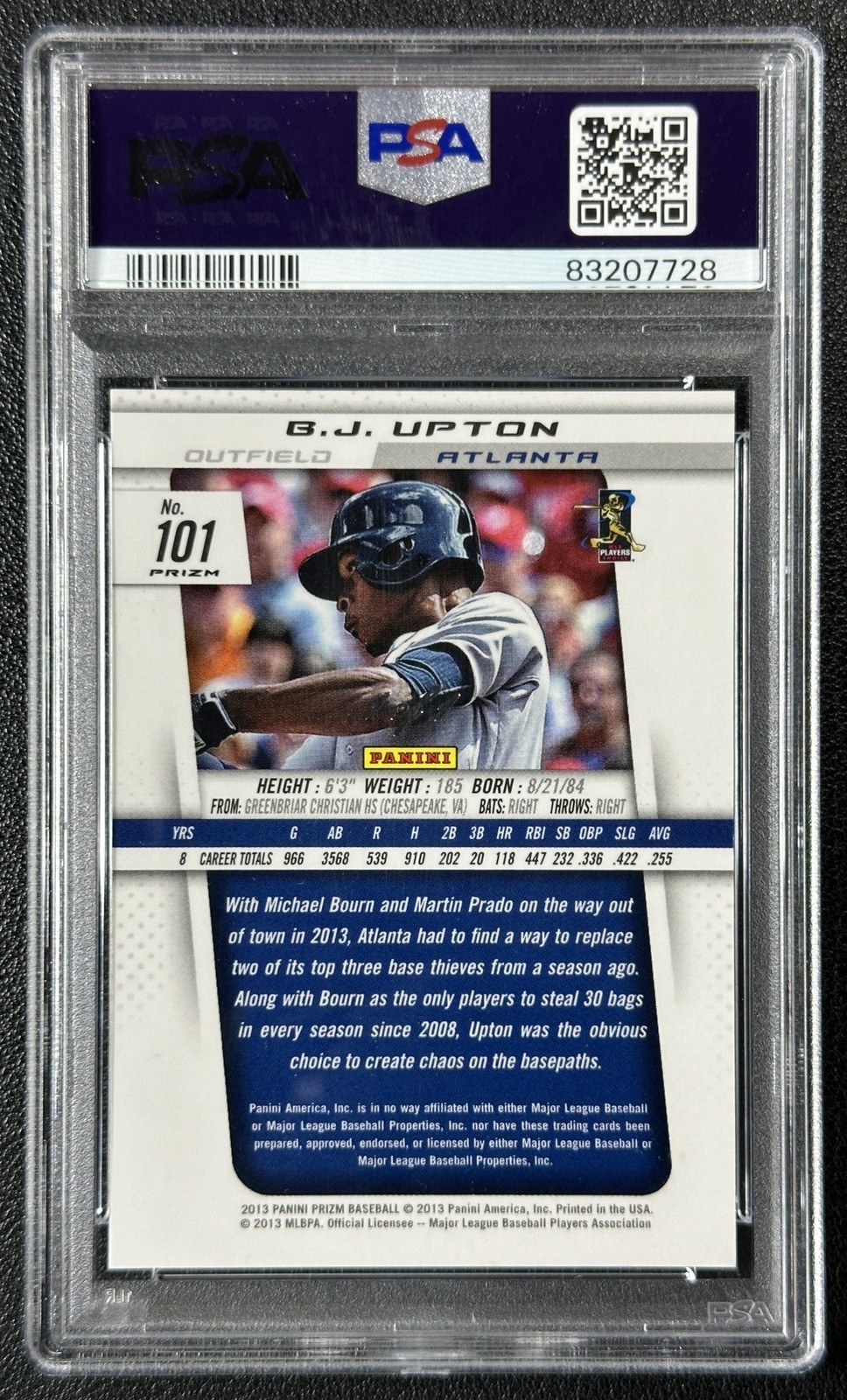 B.J. UPTON PSA 10 2013 PANINI PRIZM #101 PRIZMS FINITE 1/1 BRAVES view 2