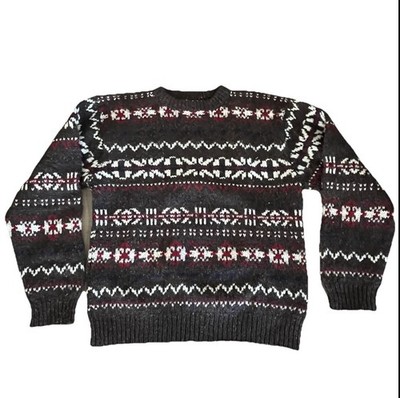Vintage Wool Sweater Brown Red Men Medium Fair Isle Nordic Thick Knit Snowflakes