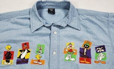 Vtg Looney Tunes Men's Size Large Chambray Button Up L/S Shirt Embroidered Bugs