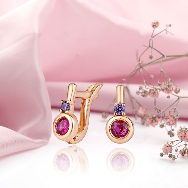 Rose Gold Rotgold 585 Kinder Ohrringe Mit Roten Und Lila Cz Nue Mit Etikett-image