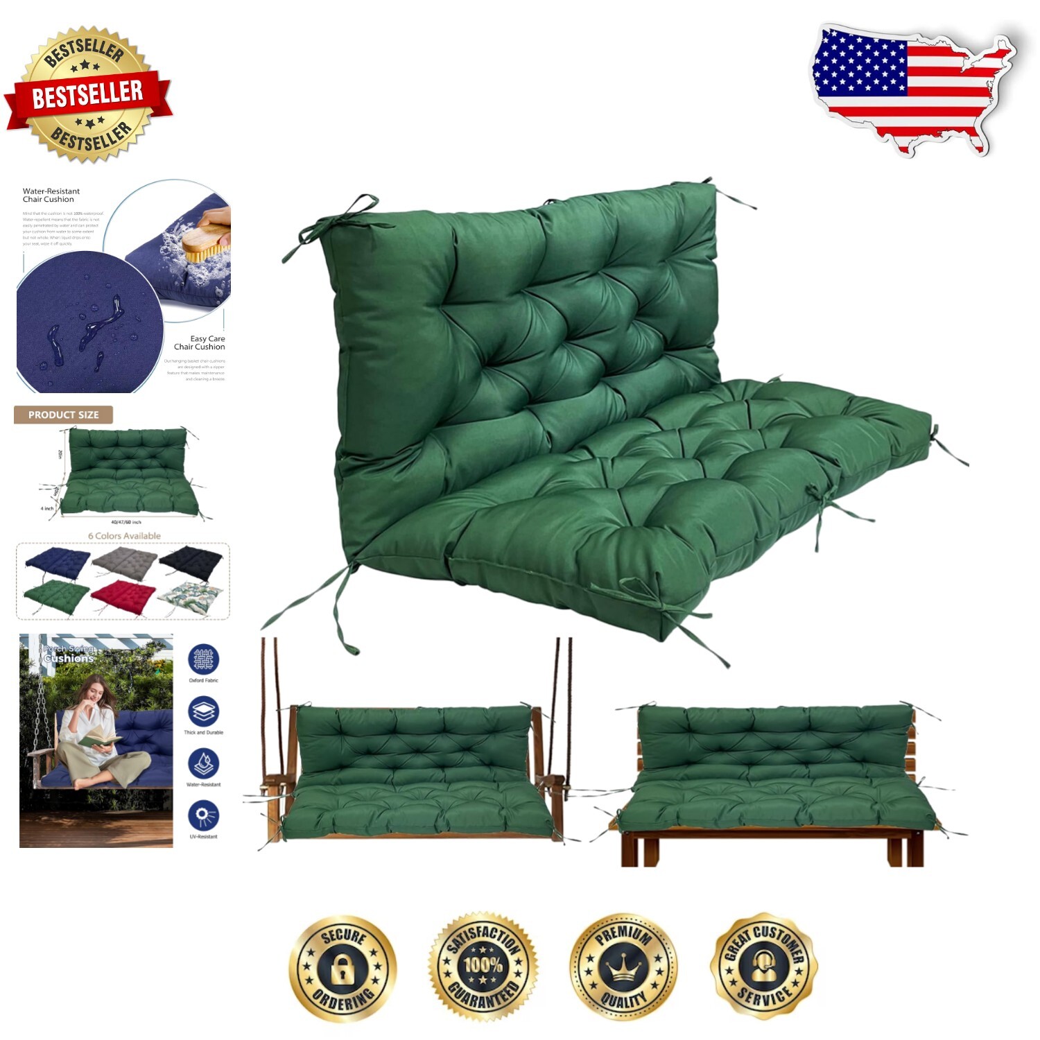 4-Inch Thick Soft Polyester Swing Cushion for Outdoor Furniture - Dark Green