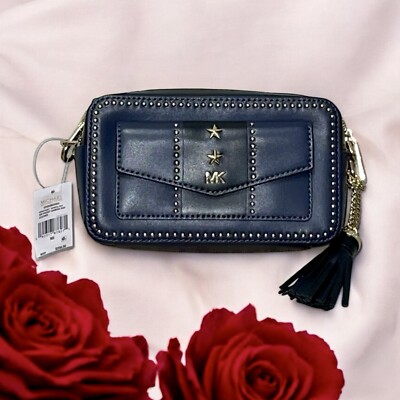 Women Michael Kors Blue Studded Leather Camera X-body Bag Handbag NWT