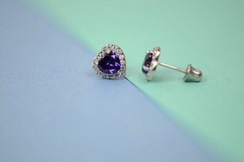 14K White Gold Halo Heart CZ Stud Earrings Screw Back - Picture 9 of 34