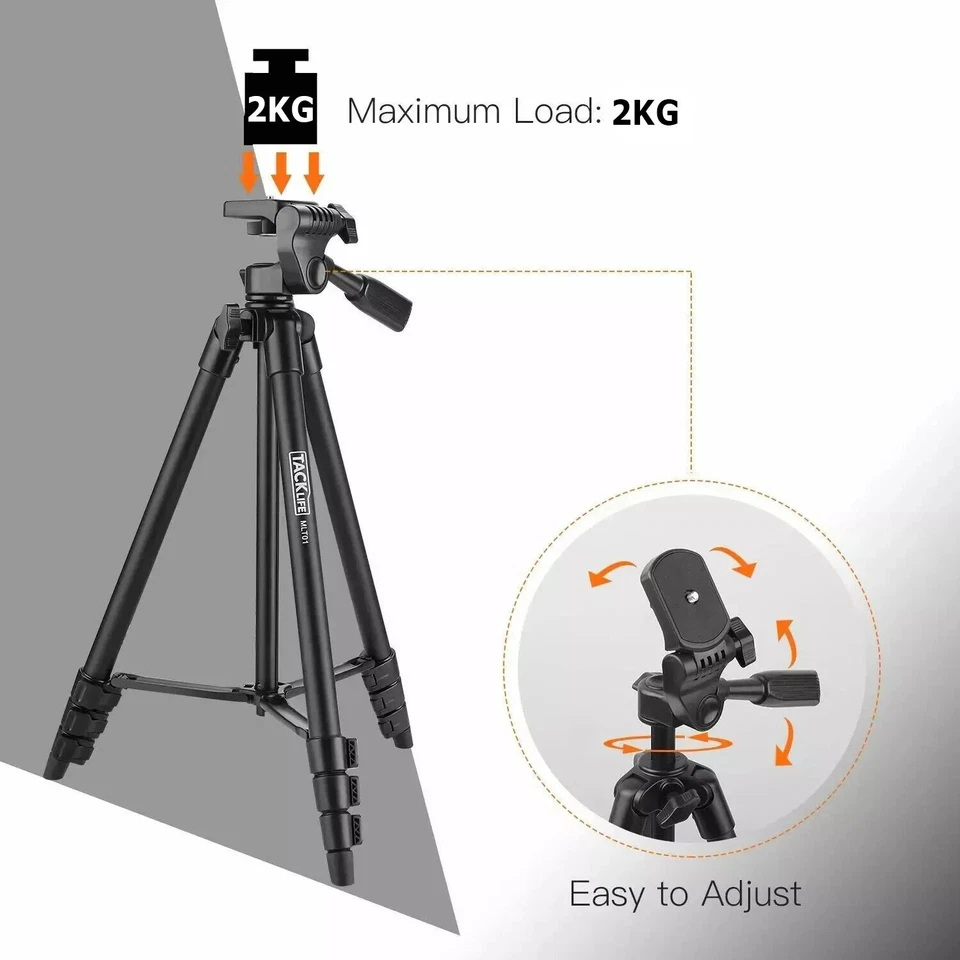 53" 136cm Travel Tripod For Phone Camera 1/4" Screw Mount Carry Bag & Remote - Image 3 of 4