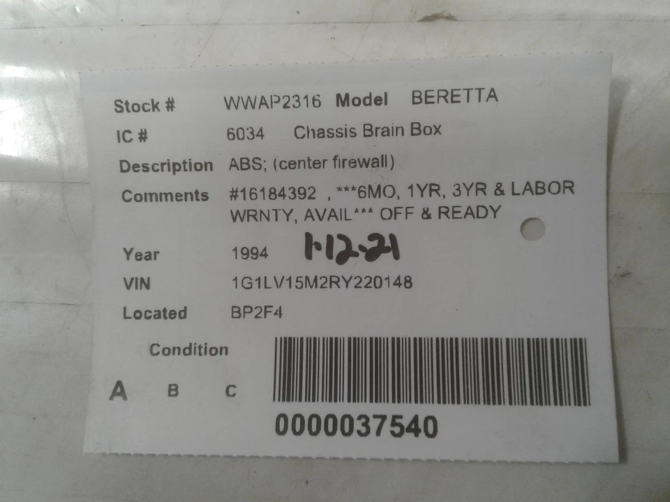 Módulo de control ABS usado se adapta a: Chevrolet Beretta 1994 ABS firewall central grado A Foto 3 de 4