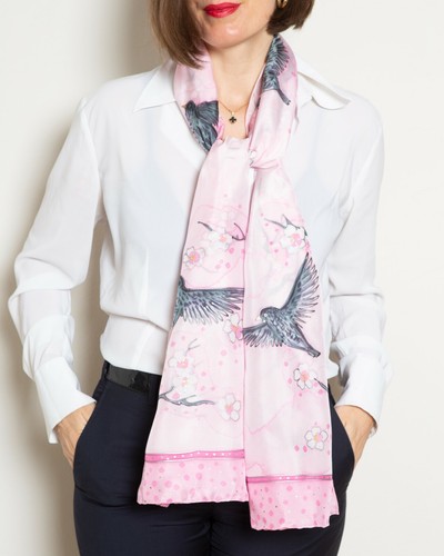 Cherry Blossoms Hand Painted Silk Scarf Pink Sakura Floral Scarf Birthday Gift - Picture 11 of 12